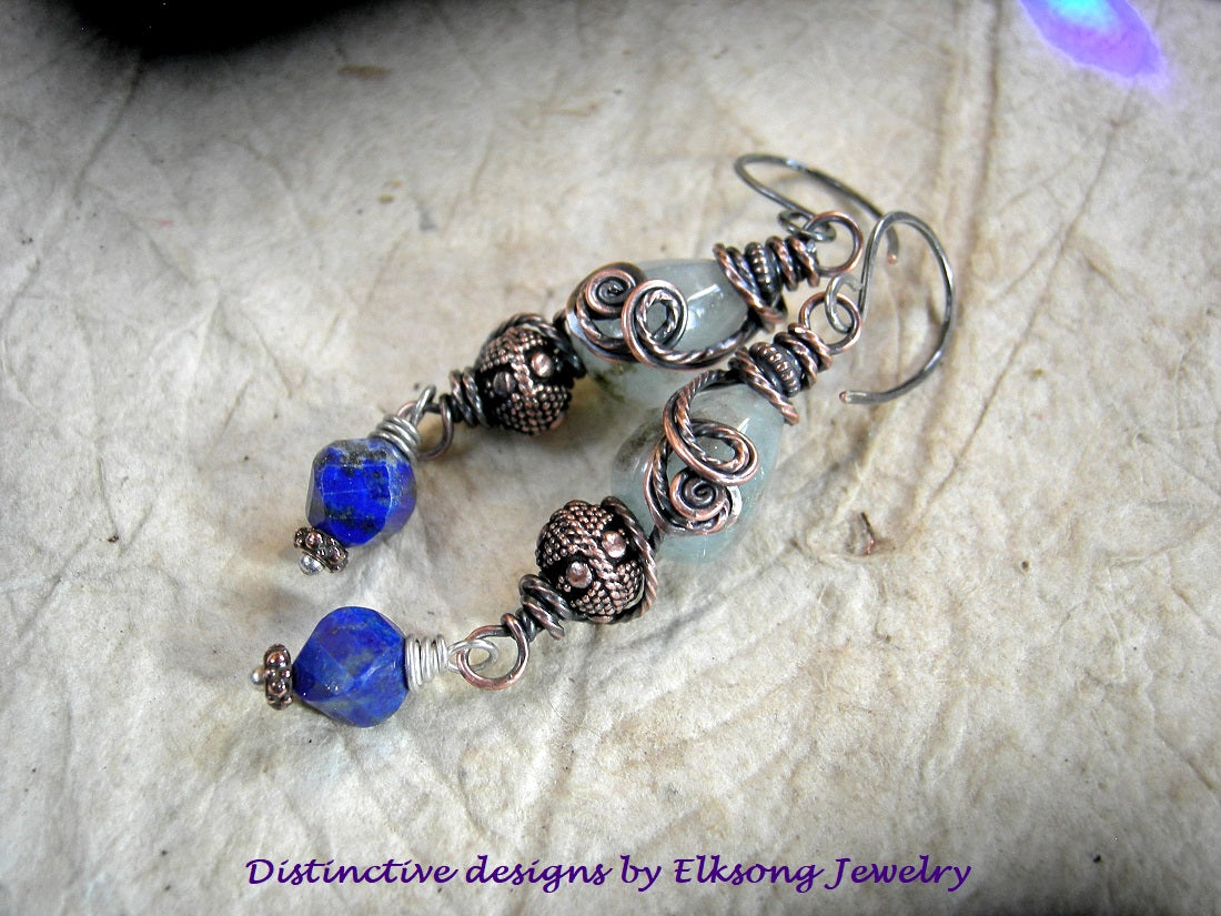 Copper Coils wire wrap earrings with aqua marine & lapis gemstone, copper Bali style beads, sterling ear wires.