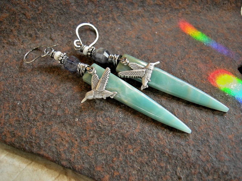 Stone tab earrings of amazonite with silver hummingbird charms, faceted gray blue iolite, white magnesite & handmade sterling ear wires.
