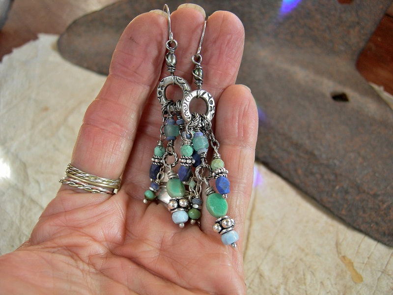 Chandelier earrings with stamped silver rings, lapis, turquoise, chrysoprase, opal & sterling-over-copper beads.