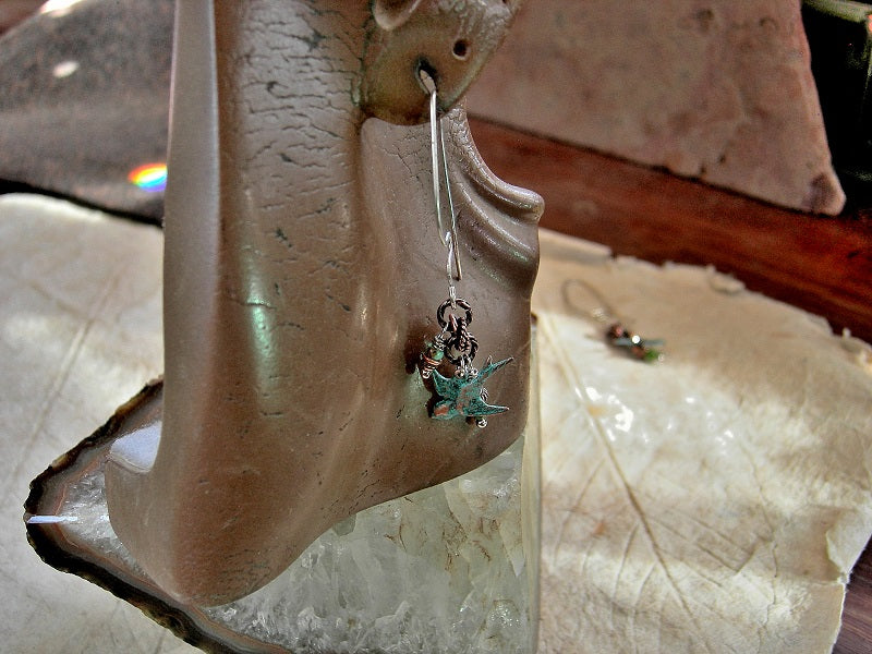 In the Grove earrings, cluster style drops with copper verdigris bird charms, turquoise, green chrome diopside & copper. Handmade sterling ear wires.