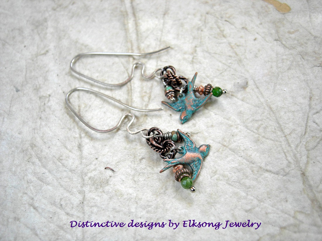 In the Grove earrings, cluster style drops with copper verdigris bird charms, turquoise, green chrome diopside & copper. Handmade sterling ear wires.