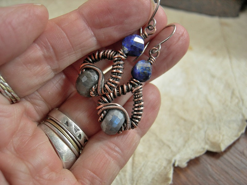 Coiled copper wire wrap earrings with faceted labradorite & lapis beads. Sterling ear wires.