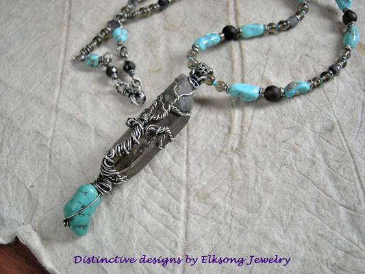 Strung bead necklace with smoky quartz point/sterling wire wrap tree, smoky quartz & Morenci turquoise beads.