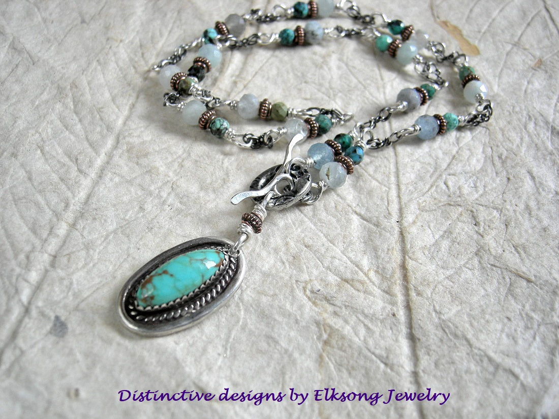 Delicate blue gemstone & sterling necklace with wrapped links, turquoise & aquamarine.