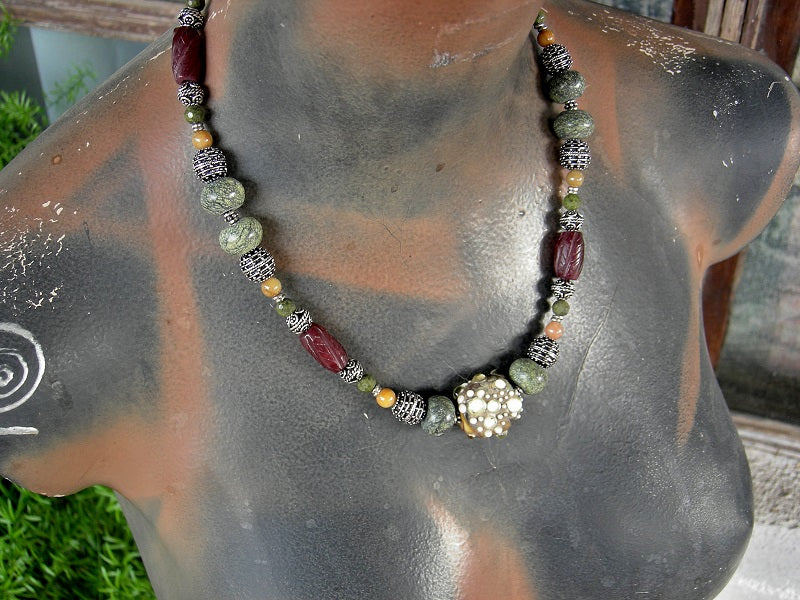 Lichen green, silver & red strung bead necklace with serpentine, agate, jade & epidote, sterling-over-copper beads & handmade lampwork glass art bead focal.