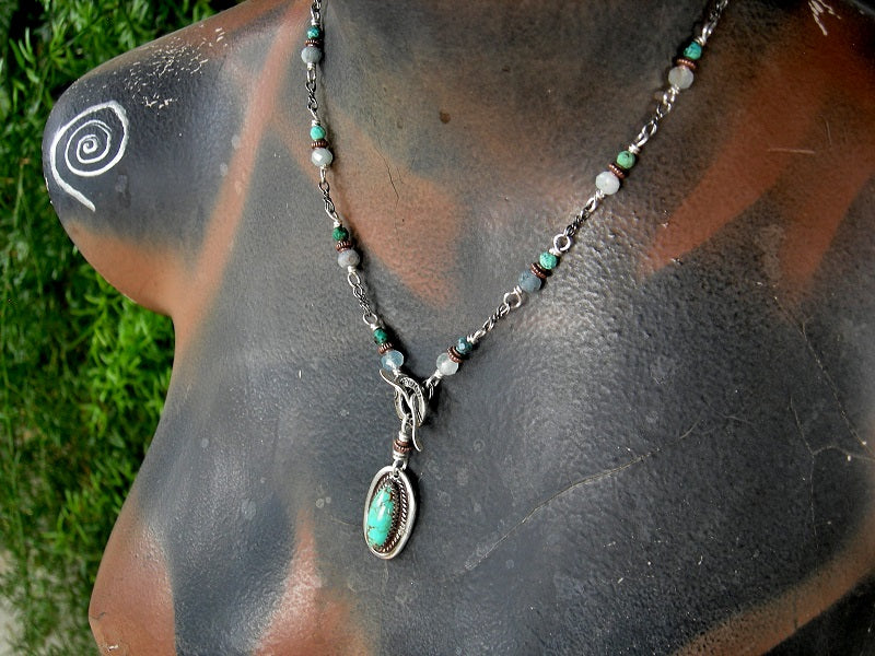 Delicate blue gemstone & sterling necklace with wrapped links, turquoise & aquamarine.
