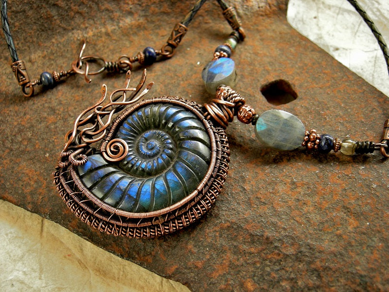 Statement necklace with carved labradorite nautilus & copper wire wrap focal, copper, lapis & labradorite beads.