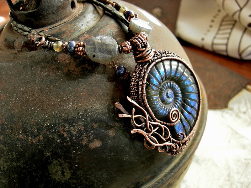 Art to wear necklace with carved labradorite nautilus & copper wire wrap focal, copper, lapis & labradorite beads.