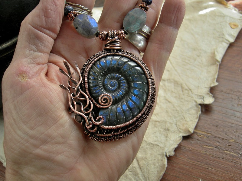 Necklace focal with carved labradorite nautilus & copper wire wrap focal, copper, lapis & labradorite beads.