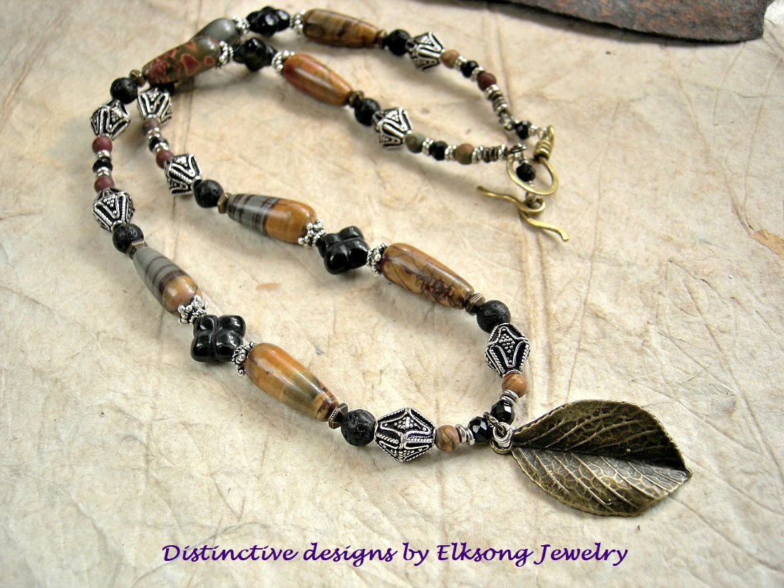 Fallen Leaf necklace with earthy black & brown gemstone, sterling-over-copper beads & antiqued bronze leaf focal.