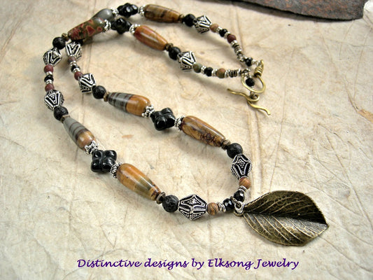 Fallen Leaf necklace with earthy black & brown gemstone, sterling-over-copper beads & antiqued bronze leaf focal.
