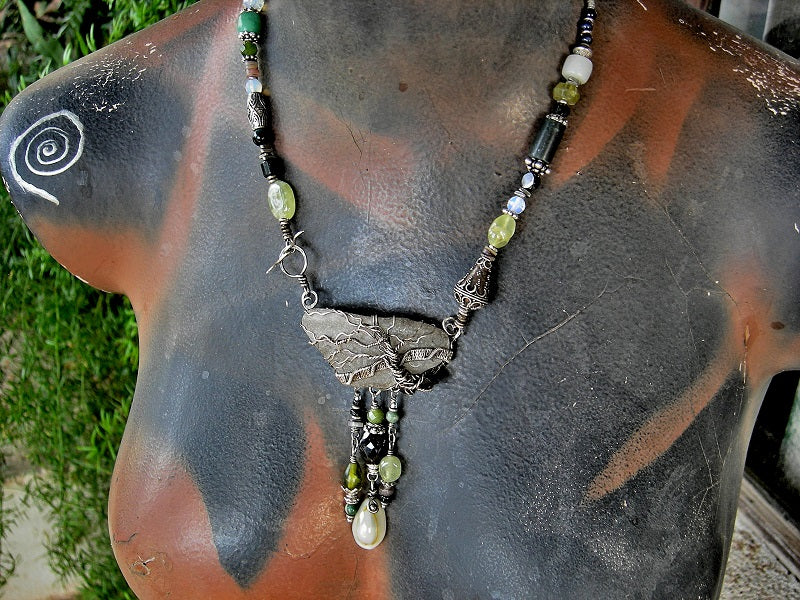 Ooak sterling wire wrap tree on sea glass, strung bead necklace with jade, prehnite, green garnet, black tourmaline & silver beads.