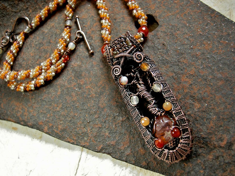 Canyon Oak Wire Tree Art Necklace, Woven Seed Bead & Faceted Carnelian