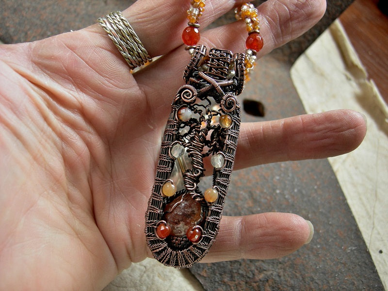 Canyon Oak Wire Tree Art Necklace, Woven Seed Bead & Faceted Carnelian