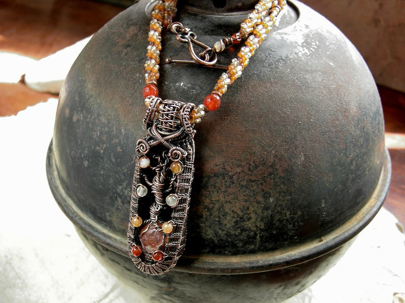 Canyon Oak Wire Tree Art Necklace, Woven Seed Bead & Faceted Carnelian
