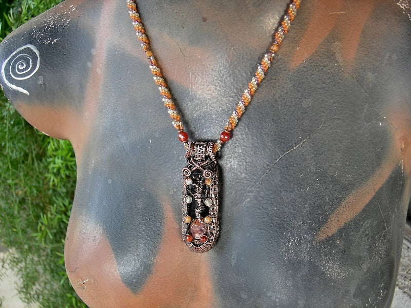 Canyon Oak Wire Tree Art Necklace, Woven Seed Bead & Faceted Carnelian