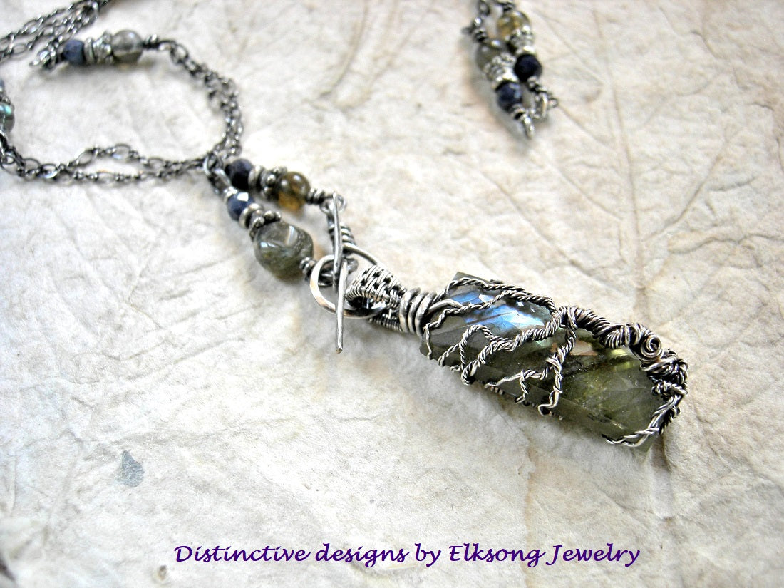 Into the Shimmer sterling wire wrap tree necklace with faceted labradorite focal & beads, faceted sapphire.