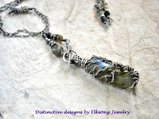 Into the Shimmer sterling wire wrap tree necklace with faceted labradorite focal & beads, faceted sapphire.
