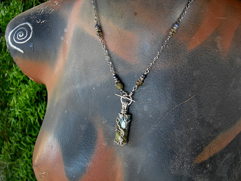 Into the Shimmer sterling wire wrap tree necklace with faceted labradorite focal & beads, faceted sapphire.