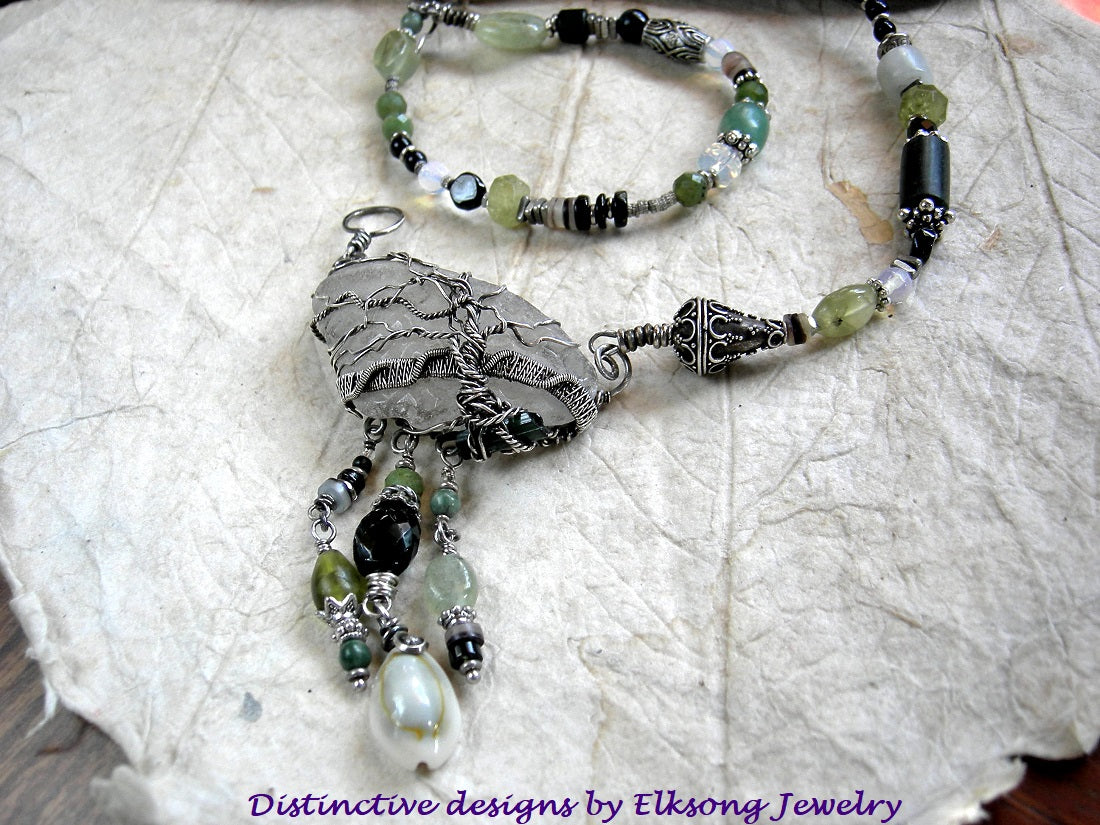 Tree on the Sea necklace, sterling wire wrap tree on sea glass, strung bead necklace with jade, prehnite, green garnet, black tourmaline & silver beads.