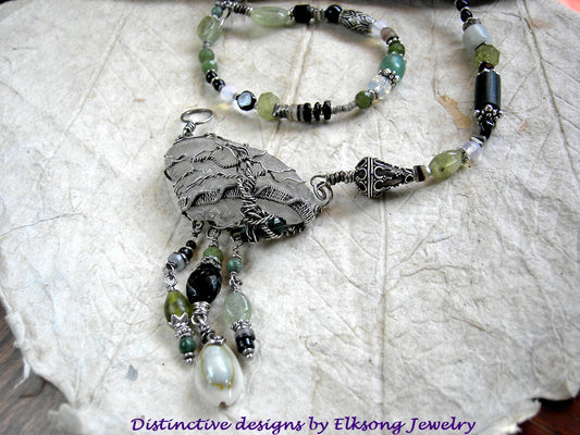 Tree on the Sea necklace, sterling wire wrap tree on sea glass, strung bead necklace with jade, prehnite, green garnet, black tourmaline & silver beads.
