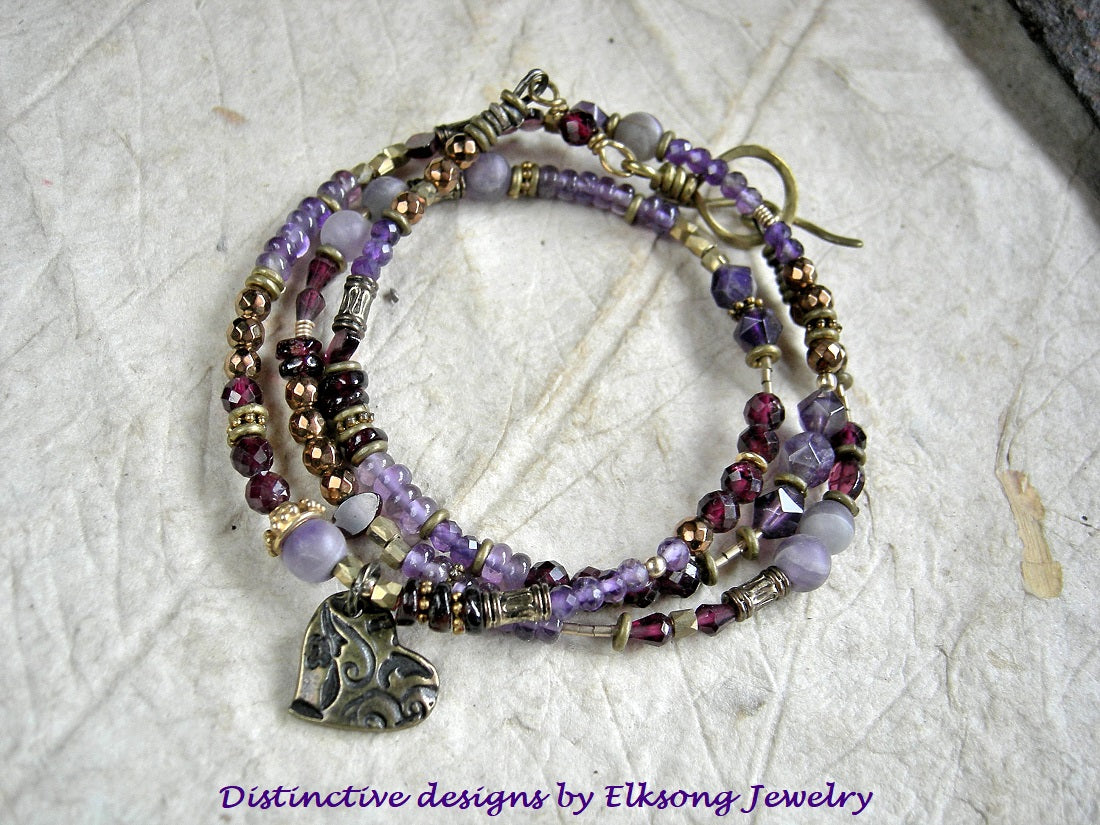 Purple Crush wrap bracelet or necklace with strung amethyst, garnet golden hematite, brass & gold beads and heart charm.