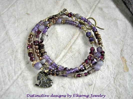 Purple Crush wrap bracelet or necklace with strung amethyst, garnet golden hematite, brass & gold beads and heart charm.