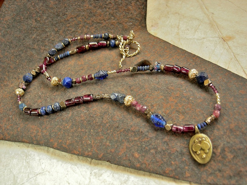 Boho luxe triple wrap bracelet or necklace with lapis, garnet, ruby & 22kt gold-over-copper beads.