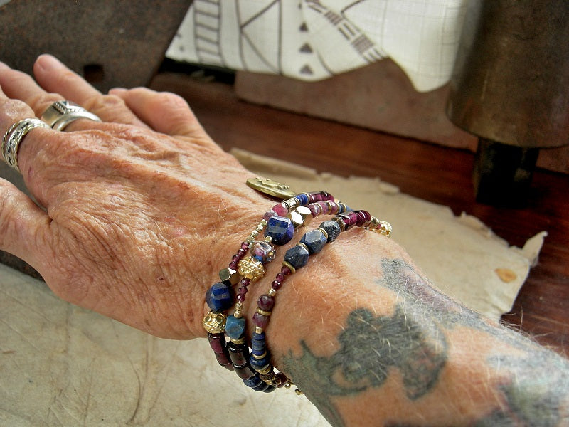 Decadent wrap bracelet or necklace with lapis, garnet, ruby & 22kt gold-over-copper beads.