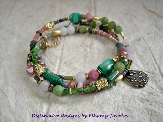 Rose Garden triple wrap bracelet or necklace with pink & green gemstone, 22kt gold-over-copper beads, antiqued brass rose charm.