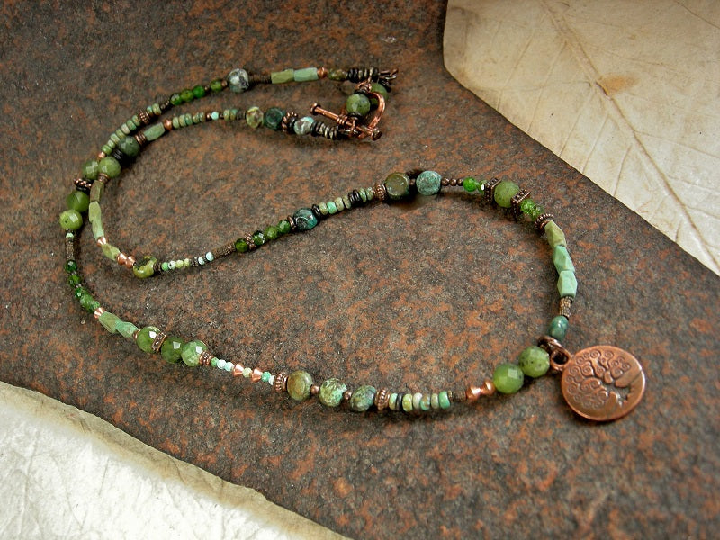 Copper & green stone triple wrap bracelet or necklace with copper, green turquoise, jade & chrome diopside beads. Copper tree charm & toggle clasp.