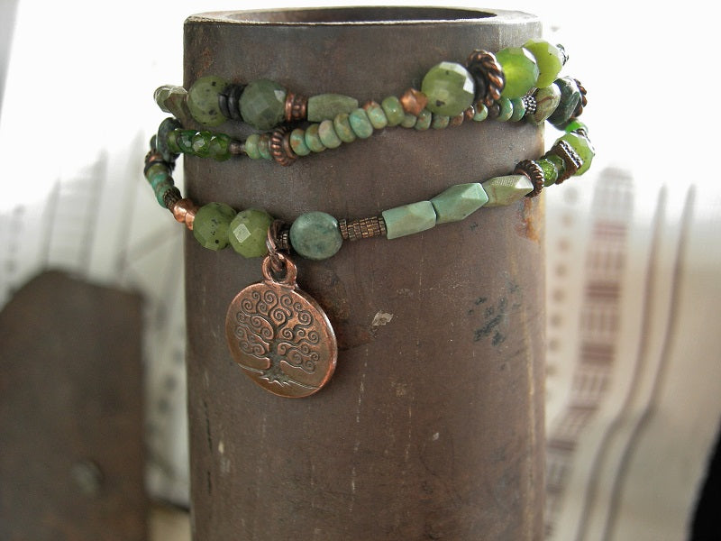 Triple wrap bracelet or necklace with copper, green turquoise, jade & chrome diopside beads. Copper tree charm & toggle clasp.