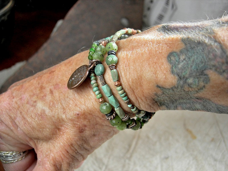 Gemstone triple wrap bracelet or necklace with copper, green turquoise, jade & chrome diopside beads. Copper tree charm & toggle clasp.