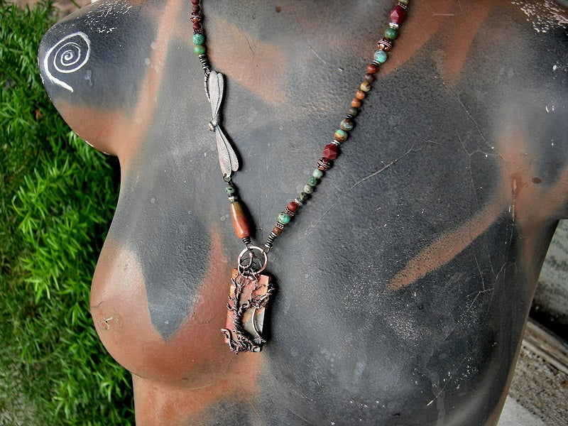 Desert Wander necklace with Red Creek jasper & copper wire wrap tree focal, copper, jasper & turquoise beads & verdigris copper dragonfly connector.