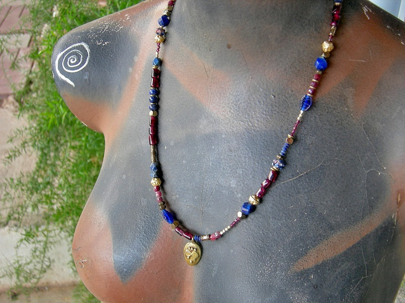 Strung bead necklace or triple wrap bracelet with lapis, garnet, ruby & 22kt gold-over-copper beads.
