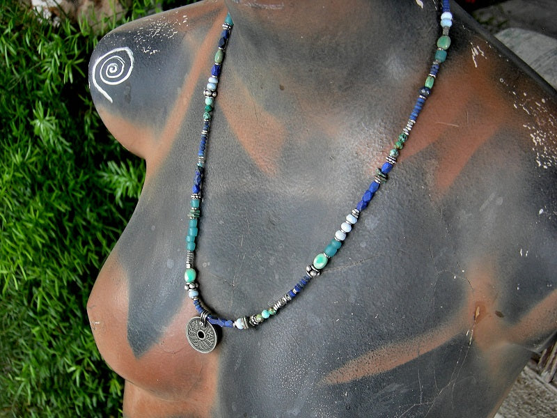 Ocean Blue wrap bracelet or necklace with strung lapis, turquoise, chrysoprase, Owyhee blue opal, ceramic, aqua glass & sterling-over-copper beads. Japanese coil focal.