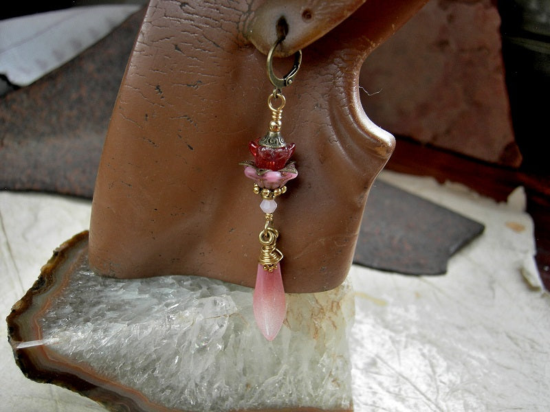 Peach Blossom pink earrings with glass flowers & petal drops, crystal, gold & brass details. Brass lever back ear wires.