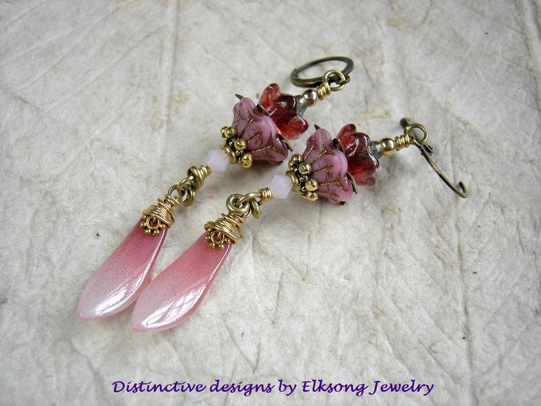Peach Blossom earrings with pink glass flowers & petal drops, crystal, gold & brass details. Brass lever back ear wires.