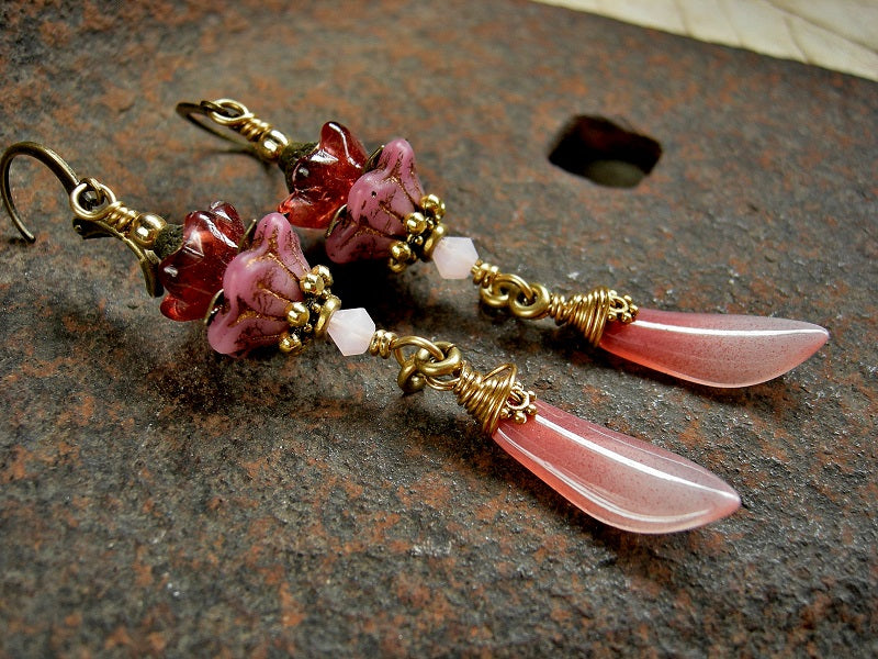 Spring flower earrings with pink glass flowers & petal drops, crystal, gold & brass details. Brass lever back ear wires.