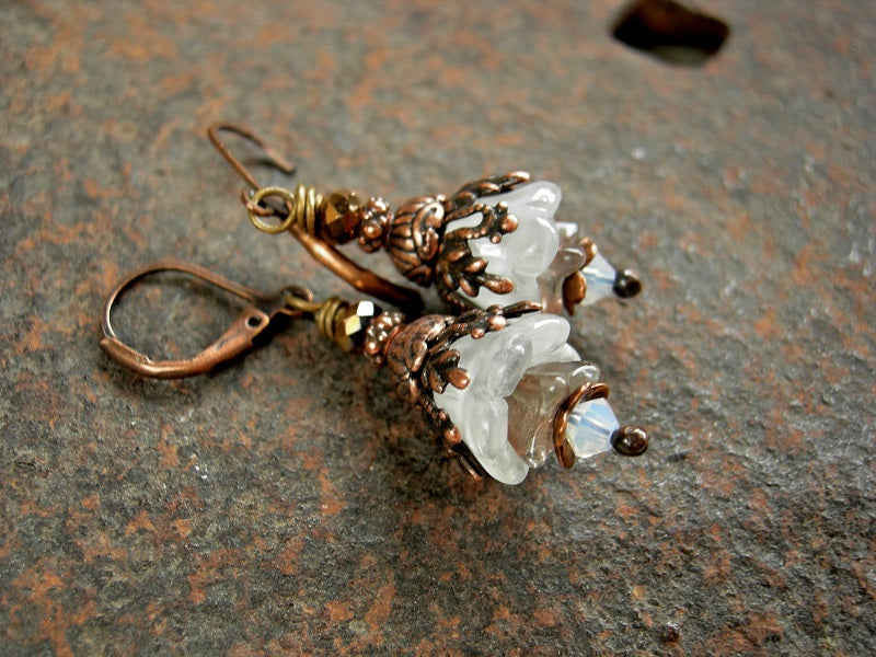 White flower drop earrings with glass flowers, copper caps & beads, Swarovski crystals & copper metallic crystal rondelles.