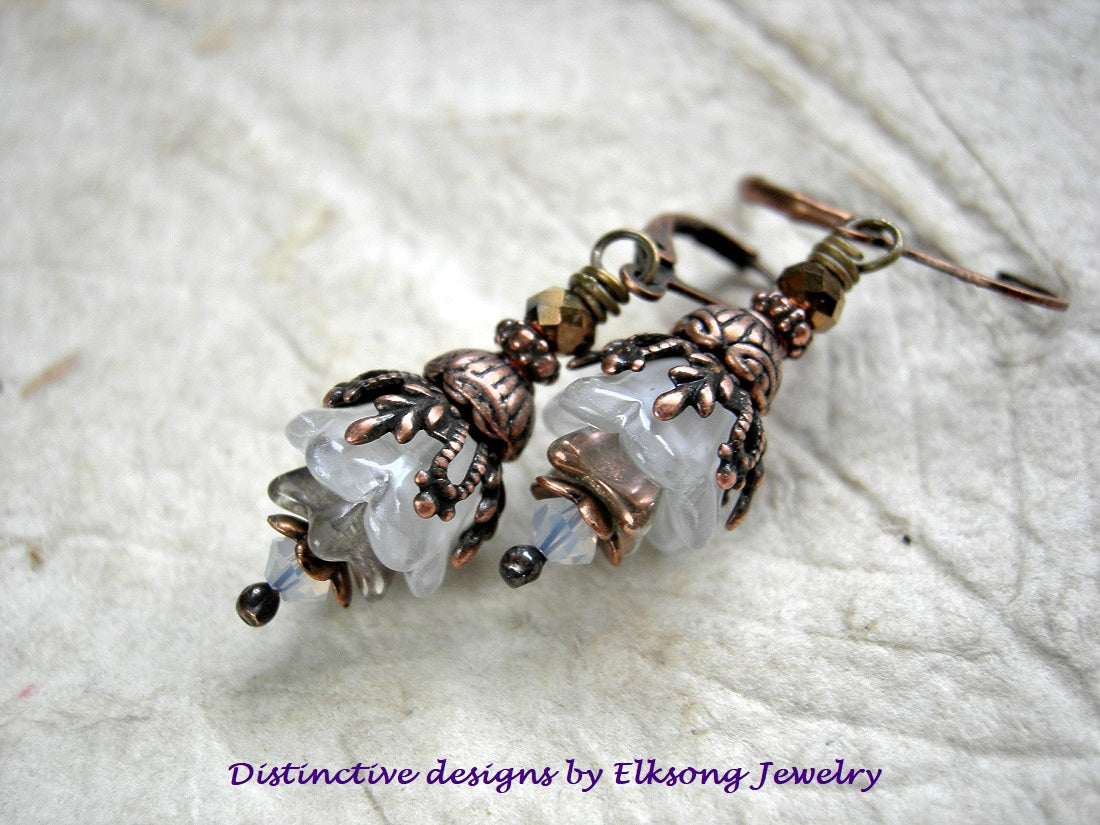 White Crocus earrings with glass flowers, copper caps & beads, Swarovski crystals & copper metallic crystal rondelles.