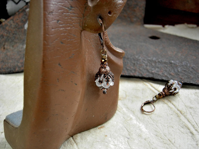 Crocus floral earrings with white glass flowers, copper caps & beads, Swarovski crystals & copper metallic crystal rondelles.