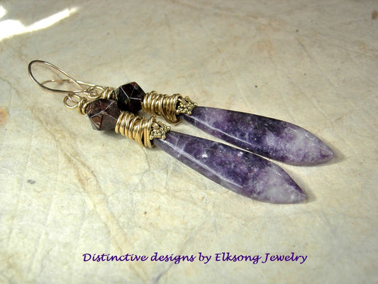 Purple Petal earrings with lepidolite stone tabs, star cut dark red garnet beads, golden brass wire wrap. 14kt gold fill ear wires.