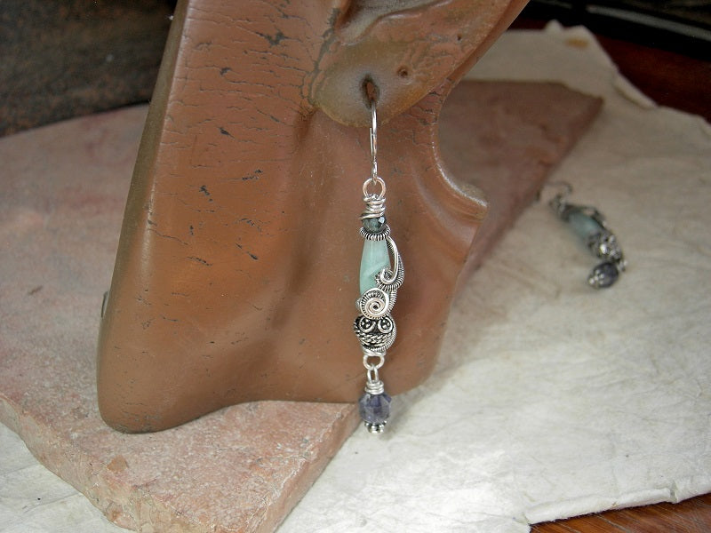 Mountain Stream sterling wire wrap earrings with moonstone, iolite & green kyanite, sterling-over-copper Bali style beads, sterling ear wires.