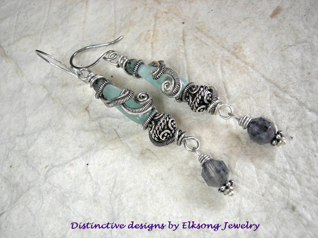 Green gemstone & sterling wire wrap earrings with moonstone, iolite & green kyanite, sterling-over-copper Bali style beads, sterling ear wires.