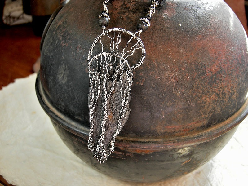 Elegant sterling wire wrap tree necklace with triple trees on black kyanite fan. Black gemstone beads & stainless steel box chain.