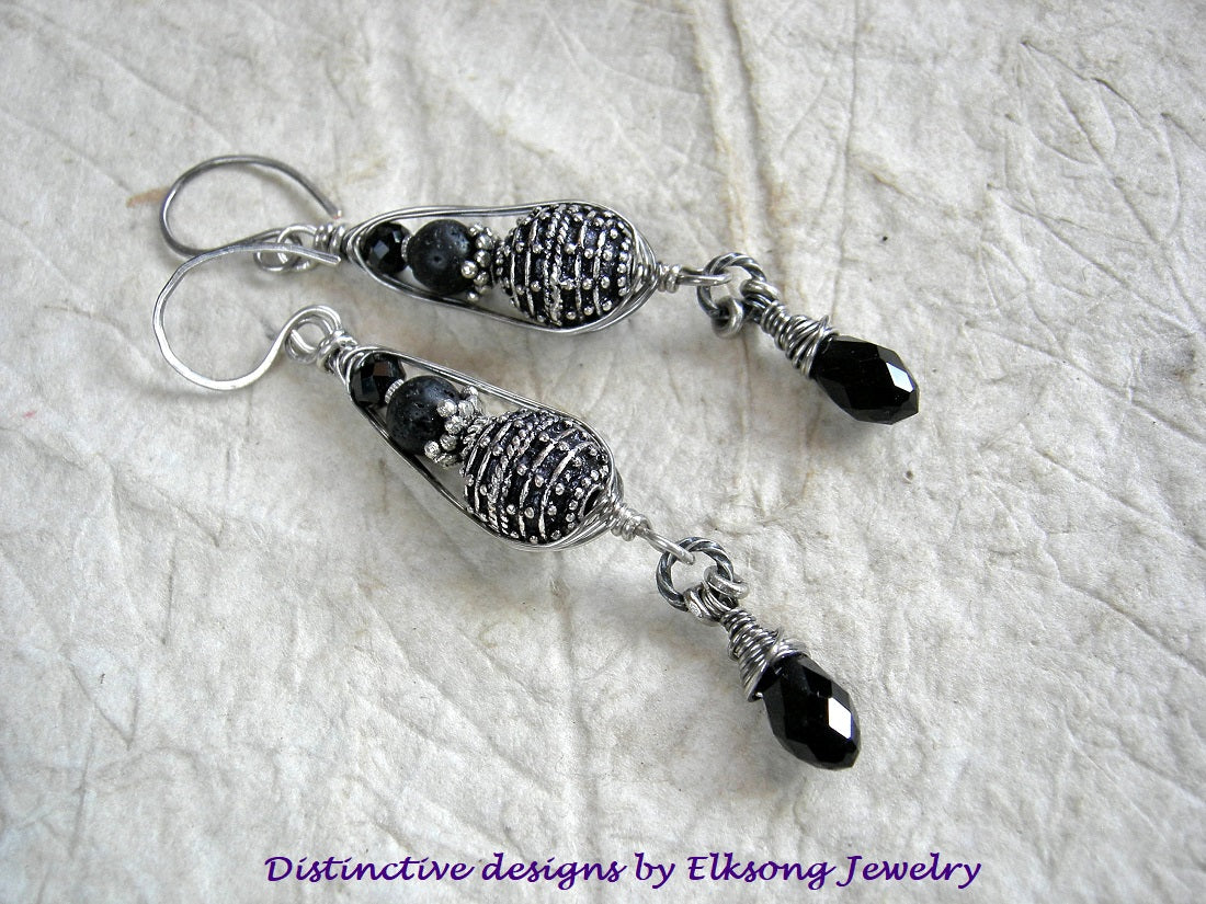 Sophisticated sterling & black earrings with sterling-over-copper Bali style beads & black gemstone in sterling pea pod wire wrap. Black crystal tear drops.