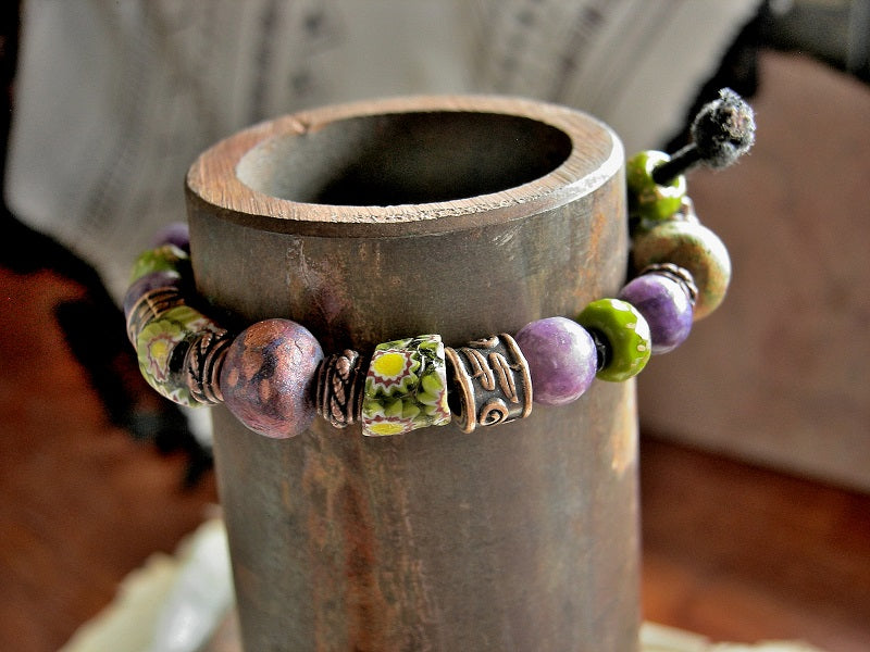 Jungle Bloom Sliding Knot Bracelet, Antique Venetian Glass, Purple Stone