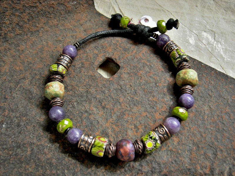 Jungle Bloom Sliding Knot Bracelet, Antique Venetian Glass, Purple Stone