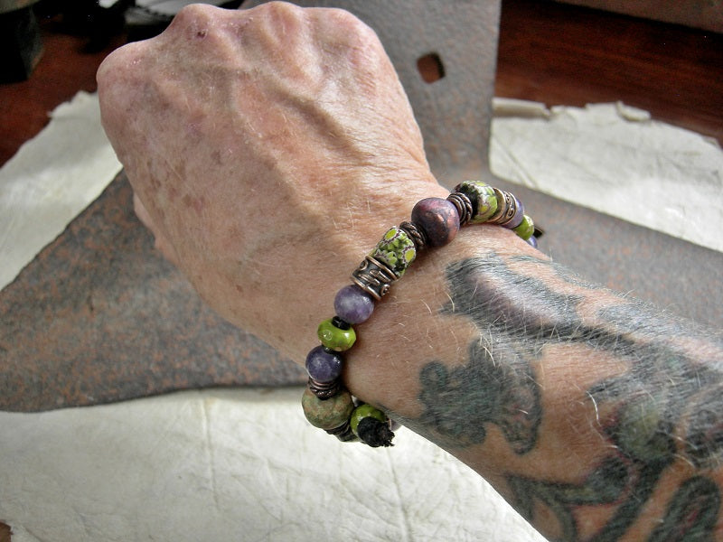 Jungle Bloom Sliding Knot Bracelet, Antique Venetian Glass, Purple Stone